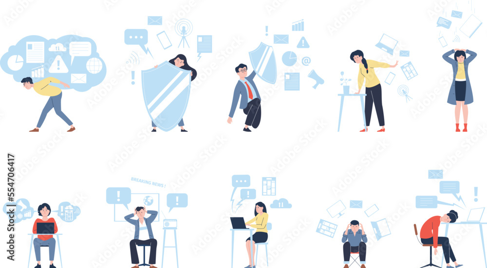 People nervous social media information overload. Lot of info and entertainment. Overwhelming communication, recent working stress vector scenes