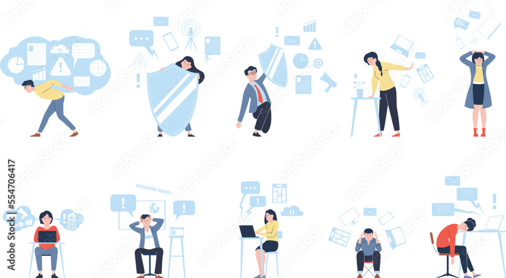 People nervous social media information overload. Lot of info and entertainment. Overwhelming communication, recent working stress vector scenes People nervous social media information overload. Lot of info and entertainment. Overwhelming communication, recent working stress vector scenes