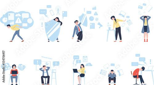 People nervous social media information overload. Lot of info and entertainment. Overwhelming communication, recent working stress vector scenes © LadadikArt