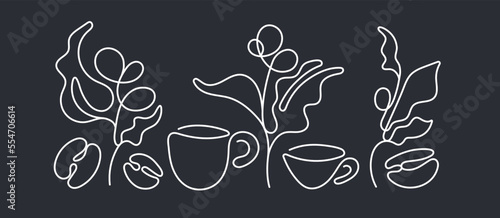 Coffee line set. Abstract tree, cup, grain. Vector