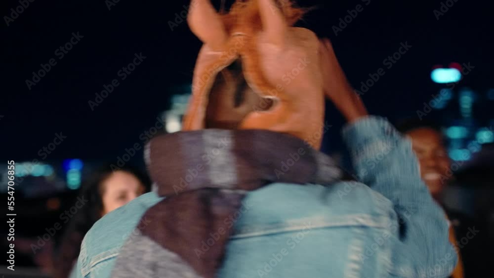 Party, dance and man in horse mask, having fun and celebrating new year. Event, celebration or group of people, friends and women dancing with male in comic costume enjoying holiday together at night Party, dance and man in horse mask, having fun and celebrating new year. Event, celebration or group of people, friends and women dancing with male in comic costume enjoying holiday together at night