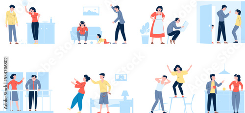 Family abuse and confronting couple relationship. Angry people, conflict with abuser at home. Angry woman man, recent quarrel vector scenes © LadadikArt