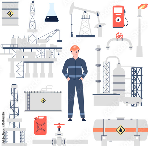 Oilman engineer, pipeline and oil and gas industry equipment. Refinery industrial inspection and worker. Petrol factory and construction recent vector set