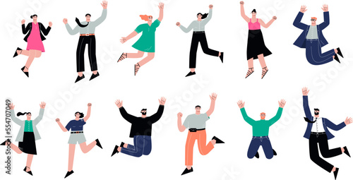Happy celebrating cartoon characters. Community wins, dancing jumping students. Business success winning, trendy rapid flat vector jump people