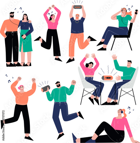 People listen sound, radio webinar and podcast in headphones. Listening audio music in smartphone and dancing. Flat sapid vector positive characters