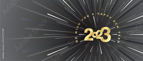 We wish you a Happy New Year 2023 high warp speed space golden type typography with abstract tunnel or speedometer shape black background greeting card