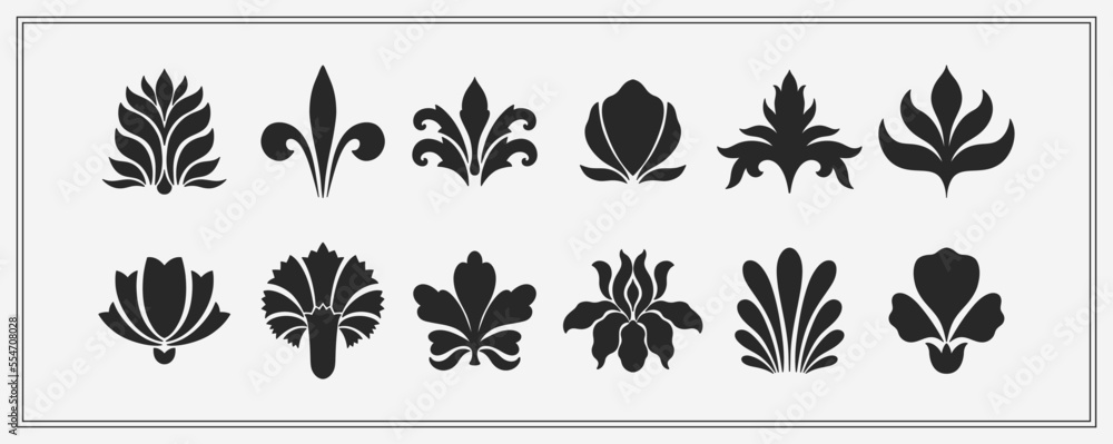 Text boarder divider for printing in typography. Floral elegant motif in silhouette. Art deco mirrored palmette. Text boarder divider for printing in typography. Floral elegant motif in silhouette. Art deco mirrored palmette.