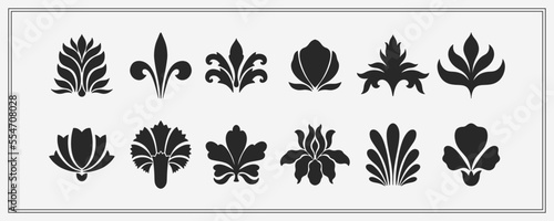 Text boarder divider for printing in typography. Floral elegant motif in silhouette. Art deco mirrored palmette.