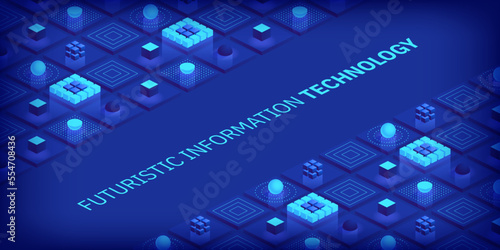 Isometric futuristic information technology blockchain concept. Big data binary code, data flow. Transferring of big data. Interconnected blocks of data. Vector illustration abstract background
