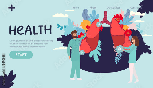 Pulmonology vector illustration.landing page Flat tiny lungs healthcare persons concept. respiratory system examination treatment. Internal organ inspection check for illness, disease or problems.