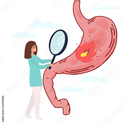 Group of doctors check up human stomach. A doctor holding magnifying glass zoom at stomach, lady Doctor using stethoscope, explaining symptoms and treatment, digestive system, intestinal and gastro.