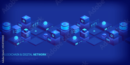 Abstract blockchain and digital cloud network technology background. Artificial intelligence, deep learning and big data concept. Quantum technology. Isometric tech visual for screen pattern template.