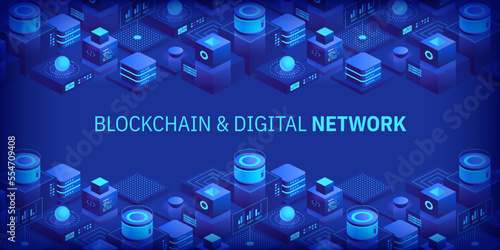 Abstract blockchain and digital cloud network technology background. Artificial intelligence, deep learning and big data concept. Quantum technology. Isometric tech visual for screen pattern template.