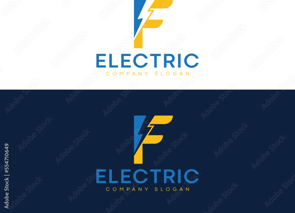 F Electric Letter Logo Design With Lighting Thunder Bolt Stock Vector
