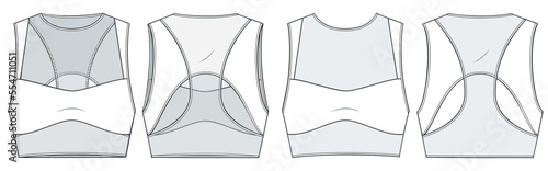 Women's Sport Bra technical fashion illustration. Mesh Top fashion flat technical drawing template, cutout, front and back view, white color, CAD mockup.