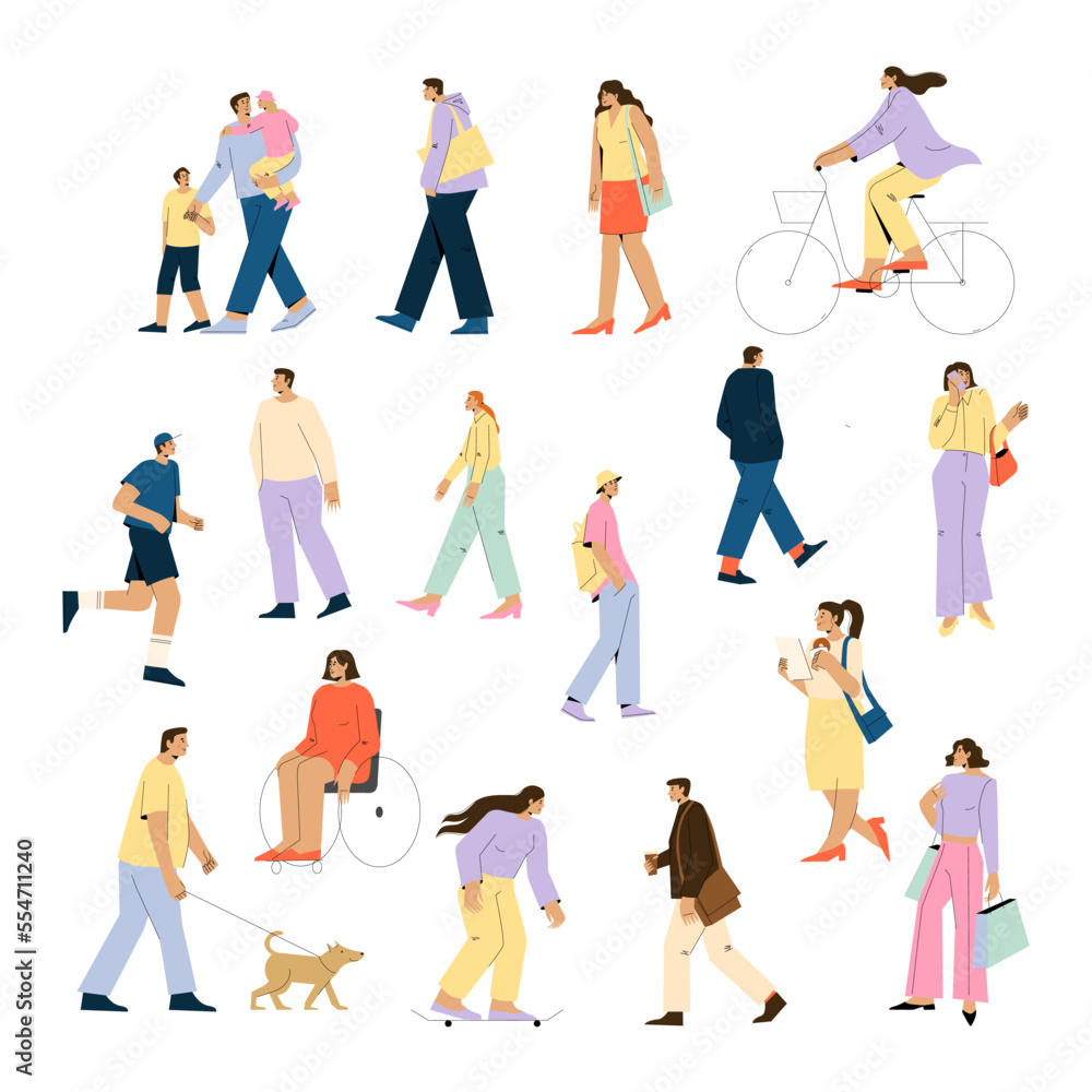 Crowd of people performing summer outdoor activities - walking dogs, riding bicycle, skateboarding, reading, shopping, isolated on white background.