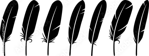 Black silhouettes of a bird feather collection. Vector isolated on white background. Feathers icon set in flat style