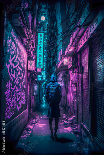 Tokyo City by Night, Anime and Manga drawing illustration, city ​​views, purple neon © PaputekWallArt
