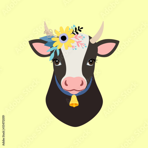 Portrait of a cow with a flower wreath and a bell. Isolated animal head of a black and white calf. Character, emblem, sticker vector illustration for your design