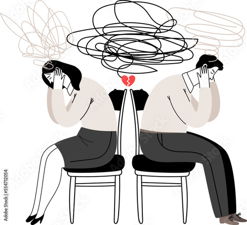 Quarrel between a man and a woman. Scandal, divorce, betrayal. Confused thoughts, search for a solution to the problem. Offended people, broken heart
