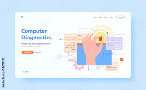 Bug fix website. Tester developer fixing api code bugs system communication, software support quality security automation service test malware hardware, concept vector illustration