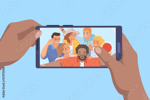 Hands taking selfie. Hand take self photo picture or video camera mobile phone with smile friends in holiday travel trip, happy photograph on screen smartphone vector illustration