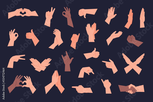 Palms poses. Hand gestures with clenched fingers, arm showing something thumb up ok five number gesture pinch wrist pose, handshake closeup handing applause set vector illustration
