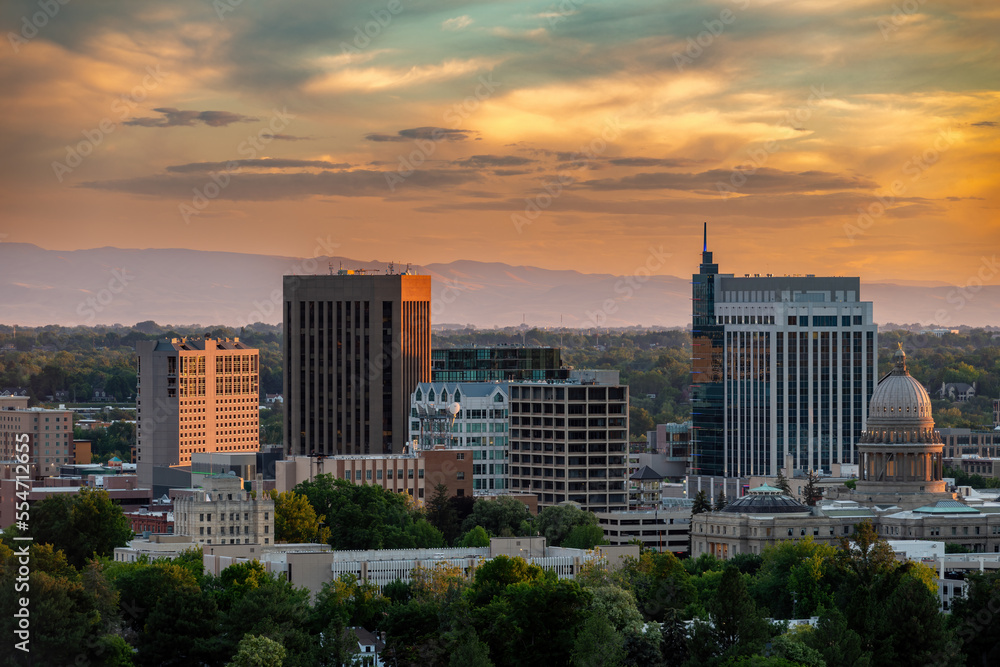 Little city of Boise Idaho skyline at sunset