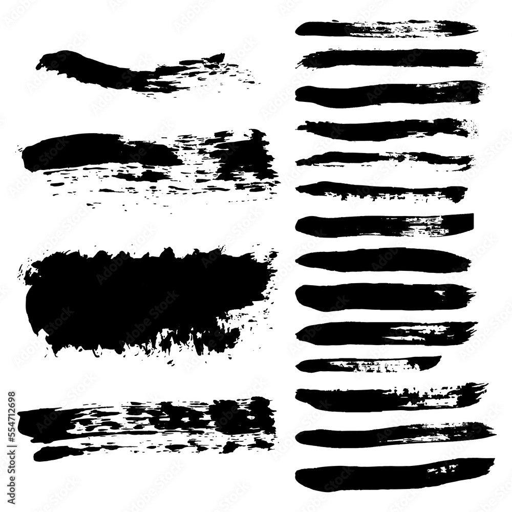 Vector black paint, brush stroke, brush stroke, line or texture. Set of vector horizontal strokes isolated on white background, design element Vector black paint, brush stroke, brush stroke, line or texture. Set of vector horizontal strokes isolated on white background, design element