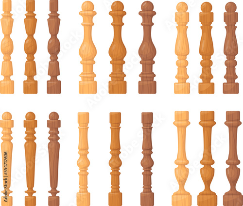 Wooden balusters. Cartoon wood balustrade with handrail, wood pillars railing fence column rail banister for balcony terrace porch stair house decoration neat vector illustration