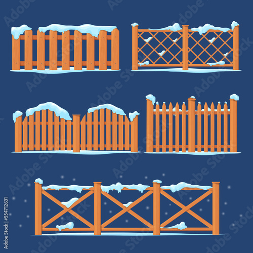 Snow fence. Winter wooden fences covered frozen snowdrift, snowy board wood countryside enclosures, icicles and ice snowflake