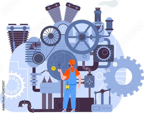 Retro machines assembly. Man assembling steam energy machine, antique industrial factory workflow, history time device manufacturing valves funnel pipe splendid vector illustration