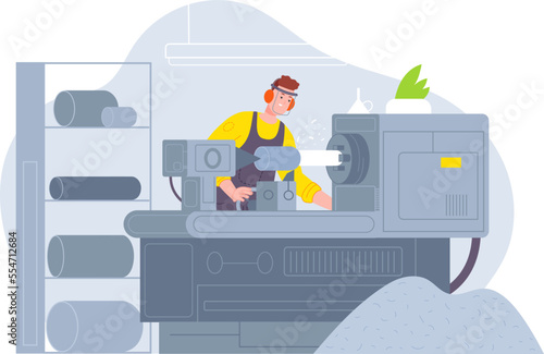 Lathe worker. Man working on turner factory machine, woodworking industrial steel apparatus for wood manufacturing carpentry lath engineering, cartoon splendid vector illustration