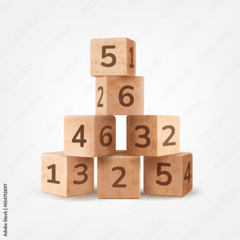 Wooden bricks tower. 3d realistic wood blocks, number cube toy building for baby play, brick block toys school kid, child cubic stack towers game, creative tidy vector illustration Wooden bricks tower. 3d realistic wood blocks, number cube toy building for baby play, brick block toys school kid, child cubic stack towers game, creative tidy vector illustration