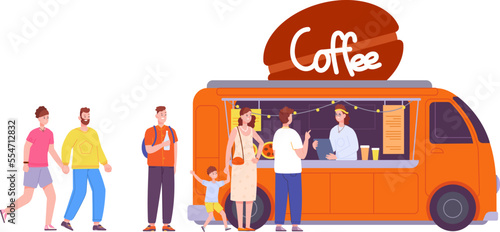 Cafe queue. People long line wait fast food coffee drinks at takeaway restaurant, crowd business customer waiting for buy burger snack fastfood counter splendid vector illustration