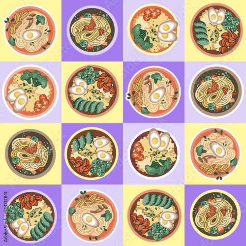 Asian food illustrations. Pattern with udon or ramen soup. Noodles and rice with seafood. Suitable for restaurant banners, logos, and fast food advertisements. Korean or Chinese food.