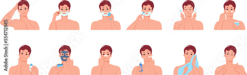 Man after shave. Male character does personal skincare routine, beard grooming moisturize skin face care after shaving or shower photo