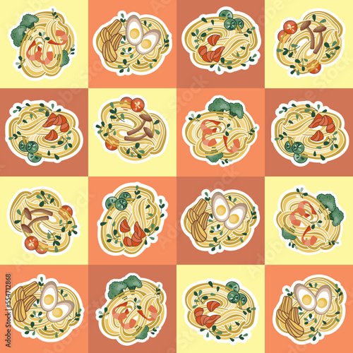 Asian food illustrations. Pattern with udon or ramen soup. Noodles and rice with seafood. Suitable for restaurant banners, logos, and fast food advertisements. Korean or Chinese food.