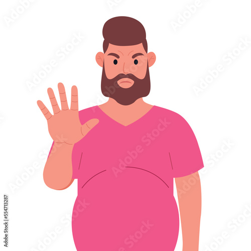 Bearded man in pink t-shirt showing stop sign with his hand. Angry male character. Vector illustration.