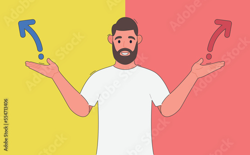 A bearded man thinking which way to go between two colors. Alternative choice. Vector.