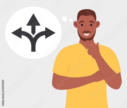 A bearded african american man in yellow t-shirt thinking which way to go. Alternative choice. Vector.