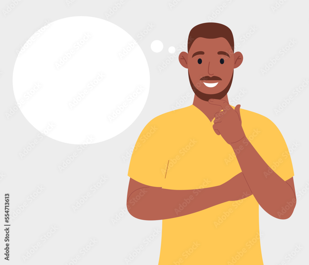 Bearded afro american man thinking. Pondering on particular belief or idea, empty cloud bubble for text or image. Vector illustration.