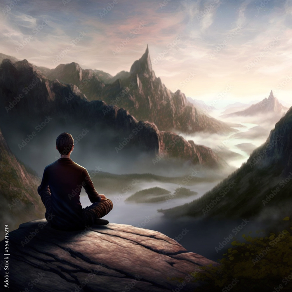 Meditating man sitting on top of mountain. Meditation, relaxation with colourful vibrant sunrise landscape. Created with Generative AI technology
