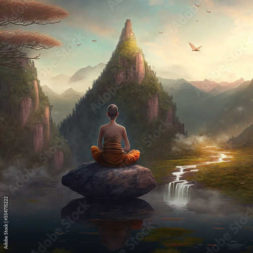 Buddhist monk meditating in nature, sitting on a rock in the middle of the lake facing a mountain. Meditation and relaxation with vibrant sunrise landscape. Created with Generative AI technology © Zoran Karapancev