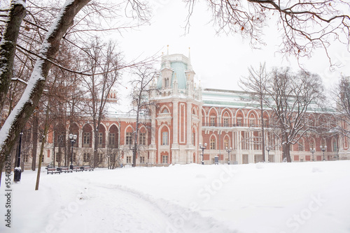 Museum Reserve Tsaritsyno in the city in winter during a snowfall. The business card of Moscow. The Grand Palace. Travel and tourism in Russia.