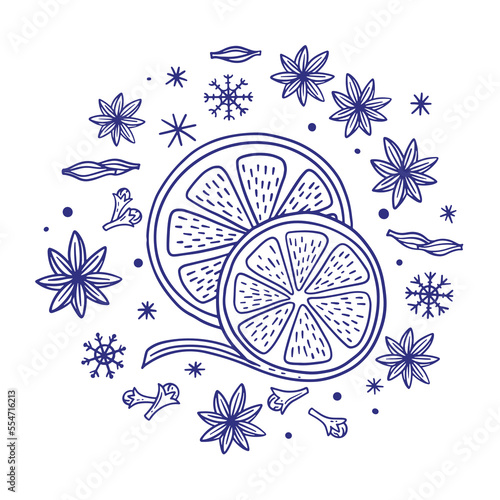 Orange slices, star anise, carbamon seeds and cloves. Ingredients for winter hot drinks. Spices for glög and mulled wine in a linear style. Can be used for restaurant, cafe menu design.