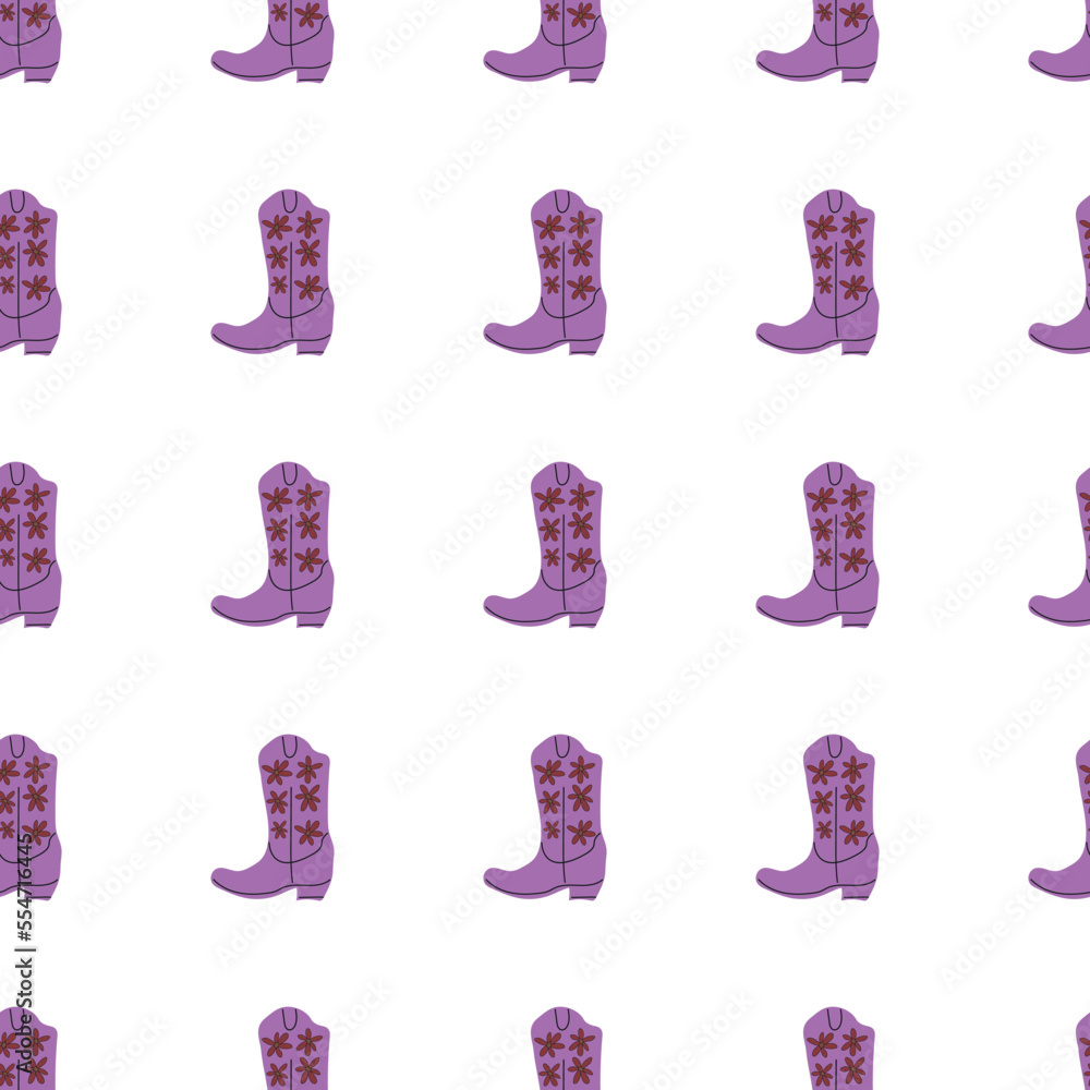 Cowboy boots with ornament seamless pattern. Wild west theme. Hand drawn colored trendy vector illustration on white background Cowboy boots with ornament seamless pattern. Wild west theme. Hand drawn colored trendy vector illustration on white background