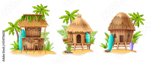 Beach shack house, vector bamboo hut bar, surfboard, Hawaiian surfing bungalow, tropical plants. Summer cartoon island building, straw roof, exotic vacation camping. Beach shack seashore sand clipart
