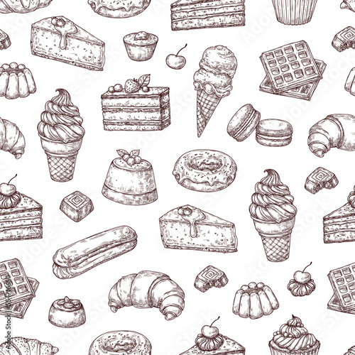 Hand drawn vector seamless pattern of treats, sweets, cakes and pastries. Background in sketch style for confectionery and bakery shops. Elements in retro style for menus, banners, printing.