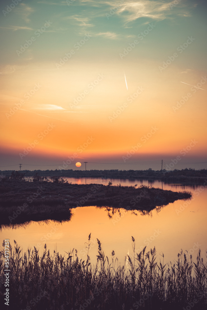Naklejka premium Night sunset on Evros Delta National Park Greece Thrace